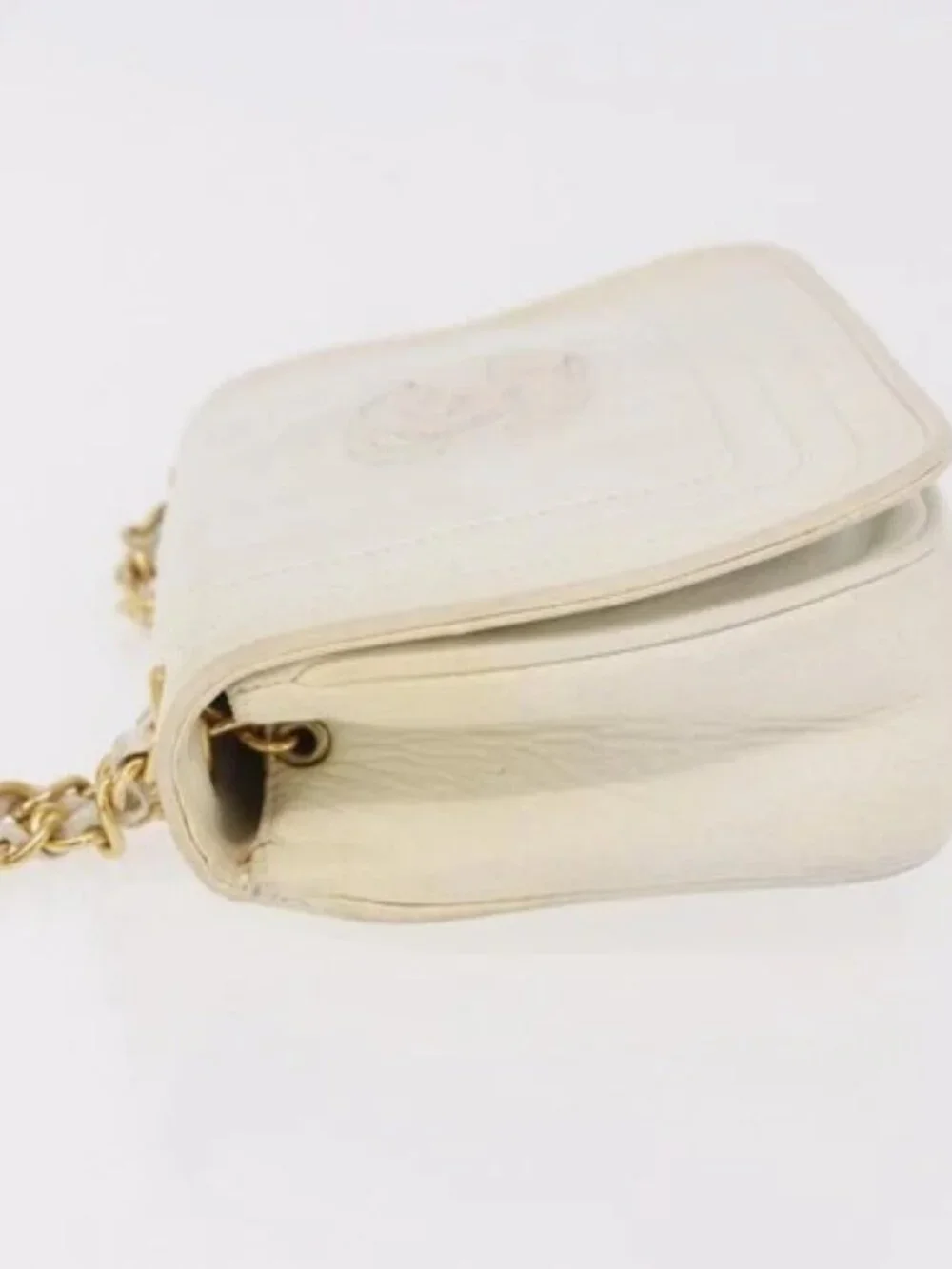 CHANEL Chain Shoulder Bag Lamb Skin White Gold CC Auth 186589A